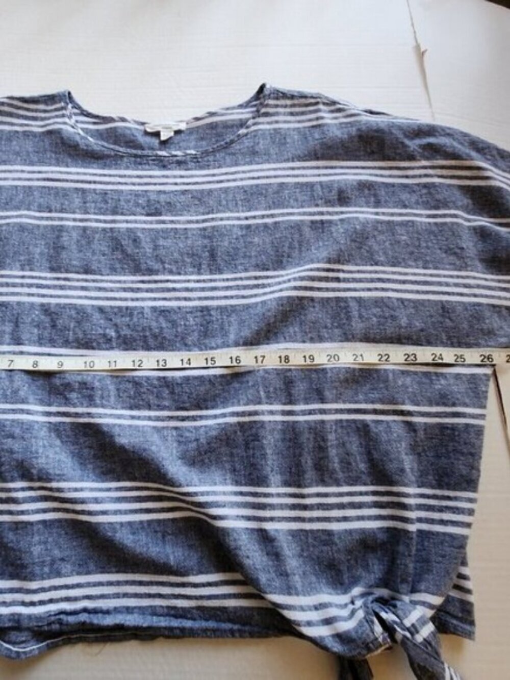 Beach Lunch Lounge Size Large Blue White Linen Blend Boxy Striped Side Tie Top - Picture 11 of 13